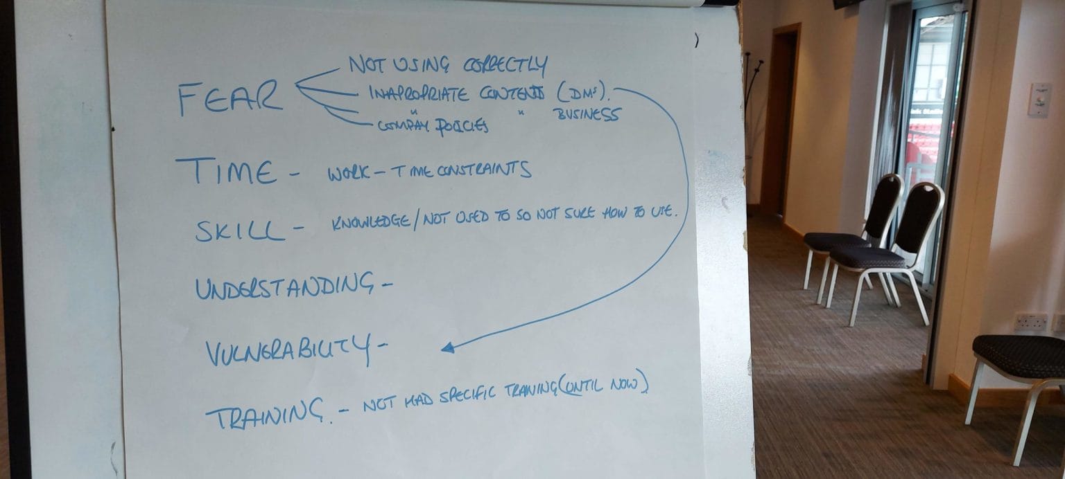 A whiteboard listing the blockers a sales team named in a Plan Grow Do session: fear, time, skill, understanding, vulnerability and training