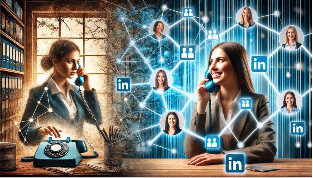 Concept of traditional phone networking versus LinkedIn digital networking