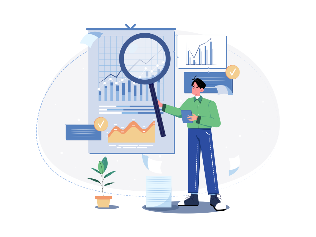 Analyst reviewing data charts with magnifying glass.