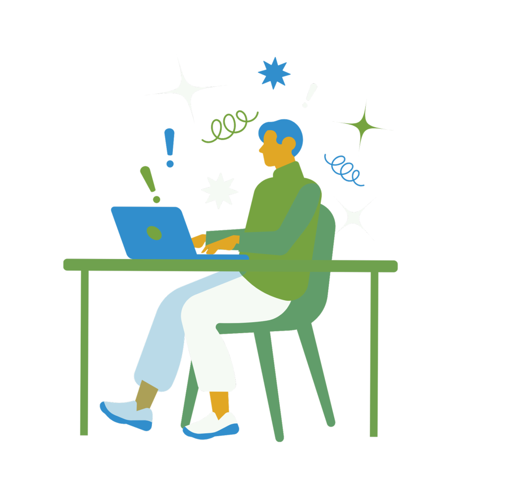 Person working on laptop at desk with creative symbols.