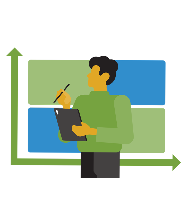 Business analyst with tablet and stylus in front of data panels and growth arrows