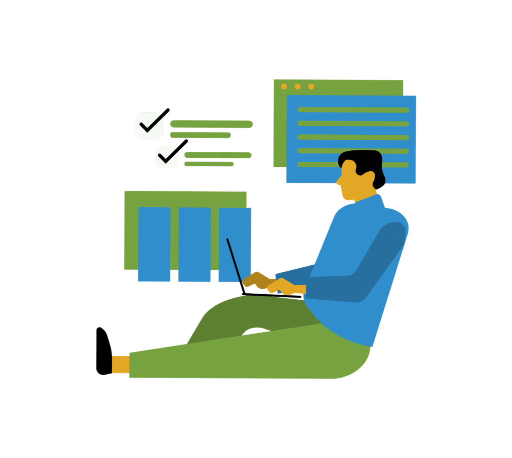 Person working on laptop with data charts and checklists